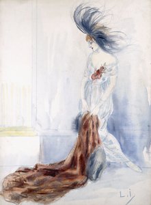 Elegantní dáma s opeřeným kloboukem a kožichem od Louis Icart