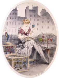 Dívka s andulkami, cca 20.-30. léta 20. století (barevný lept)