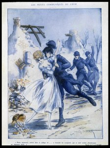 Vojáci vstupují do města, jeden líbá ženu, „okouzlující kořist“, Ilustrace Louis Icart (1888-1950) V „“Fantasio““ 15/12/1915 od Louis Icart