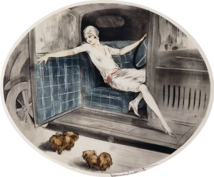Žena v autě se dvěma pekinskými od Louis Icart