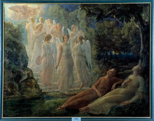 Báseň duše; Scéna se zlatým žebříkem má lyrickou atmosféru, obydlená anděly a postavou Boha. Obraz Louis Janmot (1814-1892) 19. stol. Lyon, musee des Beaux Arts - Báseň duše: zlatý žebřík, scéna s lyrikou