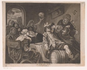 Párty společnost s pijícím mužem s korunou La fete des rois (název na objektu) Slavnost Zjevení Páně od Louis Jaugey