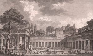 Ideální rekonstrukce Diomedovy vily v Pompejích do původního stavu před erupcí sopky Vesuv v roce 79 n. l., Kampánie, Itálie, lept podle kresby Louis Jean Desprez (1743-1804), cca 21x34 cm od Louis Jean (after) Desprez