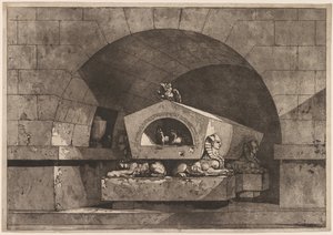 Hrobka se Sfingou: Pohřební pomník se sovou na sarkofágu podporovaný Sfingou, c. 1779-84.