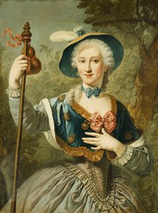 Portrét dámy, tříčtvrteční, oblečená jako poutnice a v modrém lemovaném slaměném klobouku a peří, 1747 od Louis Jean François Lagrenée