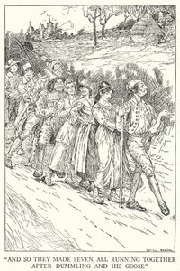 "A tak jich bylo sedm, všichni společně běželi za Dummlingem a jeho husou" (litho) od Louis John Rhead