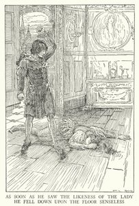 Jakmile spatřil podobiznu té dámy, upadl na zem jako smyslů zbavený (litho) od Louis John Rhead