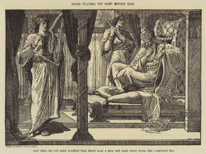 David hraje na harfu před Saulem od Louis John Rhead