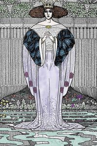 Znázornění Jezerní paní (Nimue, Viviane) Ilustrace Louis Rhead (1858-1926) pro „Král Artuš a jeho rytíři““ od Louis John Rhead