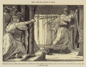 Saul vrhá oštěp na Davida od Louis John Rhead