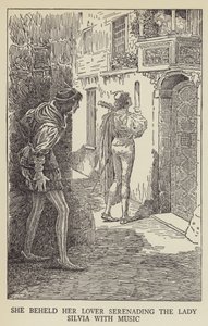 Viděla svého milence, jak serenáduje Lady Silvii hudbou od Louis John Rhead