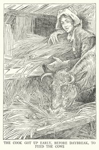 Kuchař vstal brzy, před svítáním, aby nakrmil krávy (litho) od Louis John Rhead