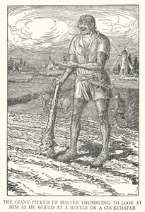 Obr zvedl mistra Thumblinga, aby se na něj podíval jako na brouka nebo chrousta (litho) od Louis John Rhead