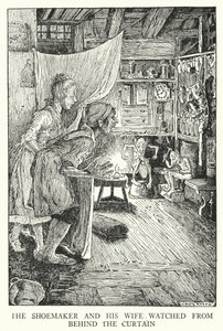 Švec a jeho žena sledovali zpoza závěsu (litho) od Louis John Rhead