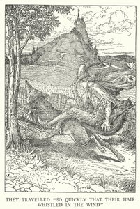 Cestovali „tak rychle, že jim vlasy svištěly ve větru“ (litho) od Louis John Rhead