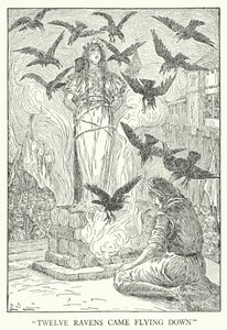 "Dvanáct havranů přiletělo dolů" (litho) od Louis John Rhead