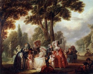 Shromážděno v parku Reunion světský šlechticů v zahradě. Obraz Louise Josepha Watteau dit Watteau de Lille (1731-1798). 18. století. Paříž. Muzeum Cognacq Jay