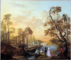 Pocta lásce Romantická scéna v krajině starověkých ruin za soumraku. Obraz Louise Josepha Watteau dit Watteau de Lille (1731-1798)