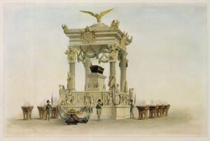 Rakev Napoleona I. Bonaparte (1769-1821) v kostele Invalidovna (Paříž, Francie). (Napoleonova rakev v kostele na Invalidovně). Dílo Louise Julese Arnouta (1814-1868), litografie a akvarel. Francouzské umění 19. století, klasicismus.