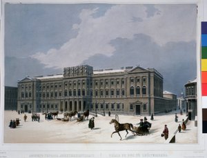 Mariinský palác na náměstí svatého Izáka v Petrohradě. Litografie Louis Jules Arnout (1814-1868), kolorovaná akvarelem, kolem 1840. Francouzské umění, klasicismus. A.Push od Louis Jules Arnout
