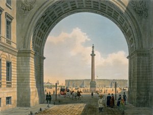 Palácové náměstí, pohled z oblouku velitelství armády, Petrohrad, tisk Lemercier, Paříž, 40. léta 19. století (barevně lito)
