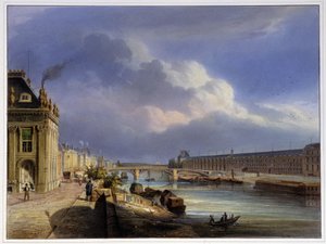 Pont du Carrousel a velká galerie Louvre - v „Paříži roku 1837“ od Arnouta od Louis Jules Arnout