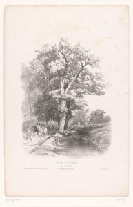 Lovci se psy podél příkopu v lese Kurz kreslení krajiny (název série) Cours de Paysage (název série na objektu) od Louis Julien Jacottet