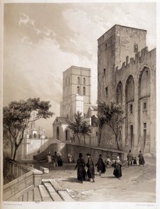 Papežský palác v Avignonu a avignonští chodci v 19. století.