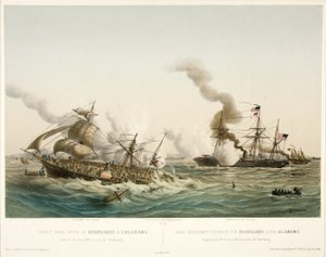 Combat Naval entre le Kearsage & l?Alabama, pub. 1864 (barevná litografie) od Louis Le Breton