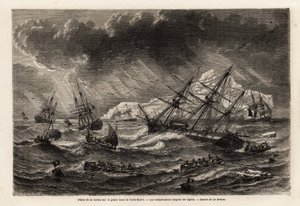 Na lovu tresky na Grand Bank of Newfoundland lodě sledují linie, které nakreslil Lebreton, aby ilustrovaly cestu do Newfoundlandu v roce 1860 od A. de Gobineaua. Rytina v „“Le tour du monde““, editoval Edouard Charton