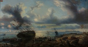 Uvíznutí korvet v průplavu Mauvais, Torresův průliv 1843 (olej na plátně) od Louis Lebreton