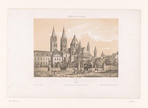 Zicht op de Abbaye aux Hommes se setkal s de Saint-Étienne Church te Caen Caen. Velký Et. Etienne nebo opatství lidí (název na předmětu) Hedendaags Frankrijk (název série) Francie v současnosti (název série na objektu)