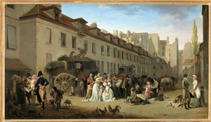 Příjezd dostavníku na nádvoří Messageries v ulici Notre-Dame-des-Victoires v Paříži ... od Louis Leopold Boilly
