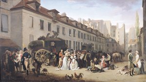 Příjezd dostavníku na konečnou stanici, ulice Notre-Dame-des-Victoires, Paříž od Louis Leopold Boilly