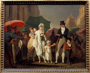 Bourgeois sprchy v pařížské módě Premier Empire, které se chrání před deštěm. Obraz Louise leopolda Boillyho (1761-1845) 19. století Sun. 0,32x0,4 m - Liják. Pařížané buržoazní oblečení v módě prvního císařství chránící se fr od Louis Leopold Boilly
