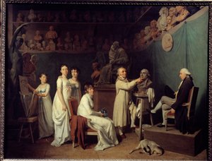 Dílna sochaře Jeana Baptista Houdona (1741-1828). Sochařovým modelem byl matematik Pierre-Simon Laplace (1749-1827) Marquis de Laplace za přítomnosti své manželky a dcer. Obraz Louis Leopold Boilly (1761-1845) 1804 Paris, De od Louis Leopold Boilly