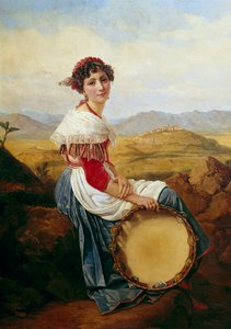 Portrét rolníka z římského venkova Mladý italský hudebník držící tamburínu. Obraz Louis Leopold Robert (1794-1835) 1824 Rozm. 0,46 x 0,37 m.