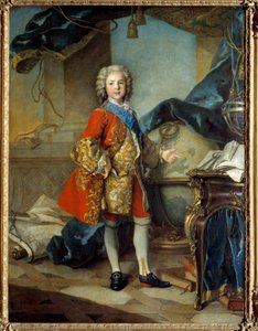 Celovečerní portrét dauphina Louise de France (1729 - 1765), syna Ludvíka XV., v jeho studijním ateliéru. Obraz Louis Tocque (1696 - 1772)