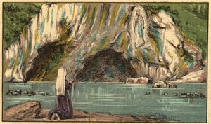 Zjevení Panny Marie v Lurdech - Panna Maria se zjevuje Bernadette Soubirous (1844-1879) v Lurdech v roce 1858 - - Rytina z „“ Náboženské učení očima. Báječné album“ Louis Maitrejean a Georget Ramond - Francie 1910