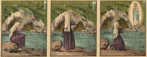 Zjevení Panny Marie v Lurdech - Panna Maria se zjevuje Bernadette Soubirous (1844-1879) v Lurdech v roce 1858 - - Rytina z „“ Náboženské učení očima. Báječné album“ Louis Maitrejean a Georget Ramond - Francie 1910