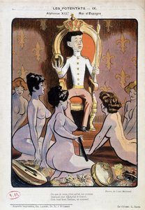 Náklad portrétu Alfonse XIII., španělského krále, na jeho trůnu a obklopeného nahými ženami - kresba Louis Malteste, v „La Vie en Rose““ 21. 9. 1902.