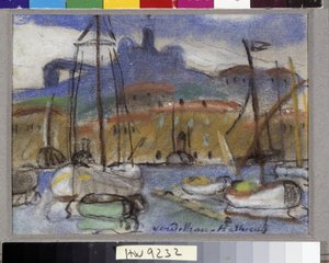 La Bonne Mère Vue de Marseille z přístavu s katedrálou Notre Dame de la Garde (Notre-Dame-de-la-Garde), nazývanou také „Bonne Mère“. Pastel od Louise Mathieu Verdilhana (1875-1928) Povinná zmínka: Collection foundation looks of Provence, Marse