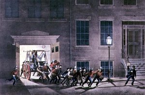 Noční poplach, hospoda. od Currier a Ives, New York