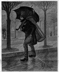 Špatná úroda! Chudák mokrá cikáda! ... Bubeník v bídě chodí v dešti v ulicích Paříže. V autobiografické sbírce „“ Trento ans de Paris“ od Alphonse Daudeta (1840-1897). Rytina podle Montegutových ilustrací v „“ Le Monde illustriou