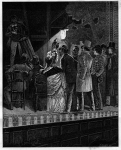 Jaký efekt, velký bože, vyvolala na toto skeptické publikum tato rustikální hudba... Diváci poslouchající bubeníka. V autobiografické sbírce „“ Trento ans de Paris“ od Alphonse Daudeta (1840-1897). Rytina podle Montegutových ilustrací v „“ Le