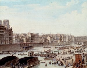 Námořní život v docích přístavu v Paříži v roce 1782 Peniches a obchodní aktivity na Seině. Detail. Kresba Louis de Lespinasse (1734-1808) 1782. Paříž, Musee Carnavalet