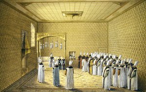 Prezentace velvyslance u sultána v Síni peticí paláce Topkapi v Konstantinopoli (akvarel a tělová barva křídou, perem a inkoustem na papíře)