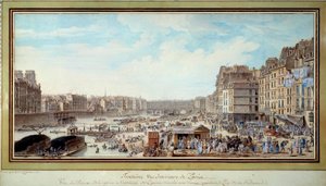 Pohled na přístav u velryby pořízený z tehdejšího starého Marche aux veaux směrem k mostu Notre-Dame v Paříži Akvarel od Louise Nicolase de Lespinasse (1734-1808). 1782. Paříž, Musee Carnavalet