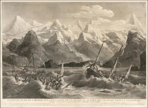 Rytina z roku 1786 zachycující ztroskotání dvou malých lodí, které byly součástí expedice La Perouse. od Louis Philippe Crepin
