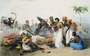 Suttee, deska 3 z knihy 15 „The French Indies“ od M.E. Burnoufa, vyryla Jean Henri Marlet (1770-1848) and Co., 1827-35 od Louis Thomas Bardel